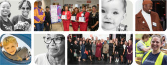 A collage of diverse individuals in various settings, including group photos at events, portraits, and casual moments. Smiling faces and expressions convey community and connection, showcasing volunteer opportunities with United Way.
