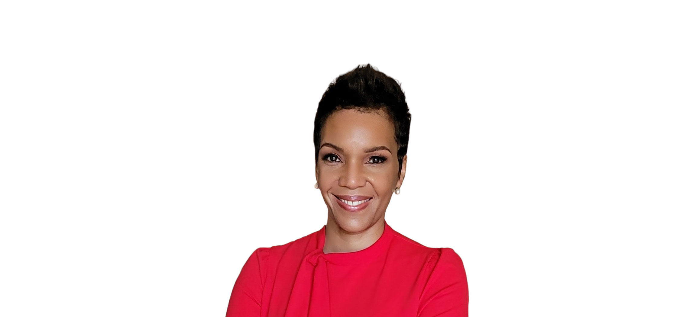 A woman smiling, wearing a red blouse with her arms crossed against a plain white background. She's embodying the spirit of United Way, representing the diverse volunteer opportunities available.