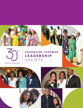 A collage celebrating the 30th Anniversary of the Charmaine Chapman Leadership Society, highlighting their partnership with United Way. The image displays groups of people joyously gathered at various events, set against vibrant decorative elements in the background.